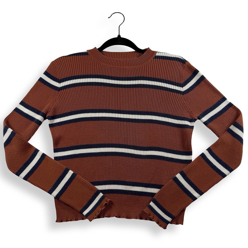 90s Downtown Girl Fall  Ribbed Stripe Crewneck Knit Sweater Brown Navy Size M